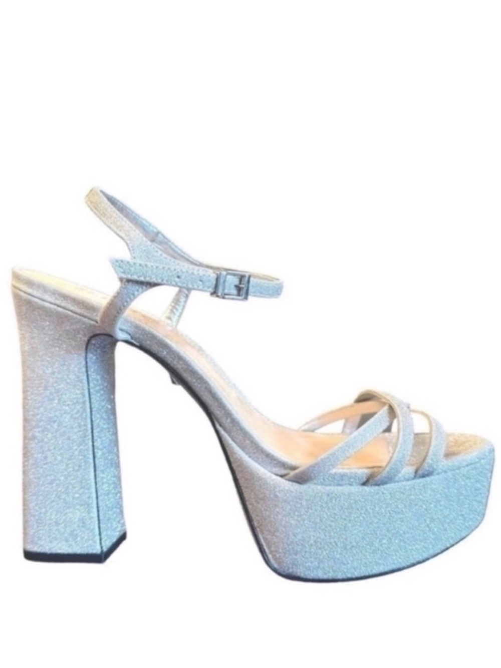 SCHUTZ Silver Mini Shine Platform Sandals Metallic Glitter Block Heel